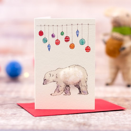Mini Polar Bear and baubles Christmas card