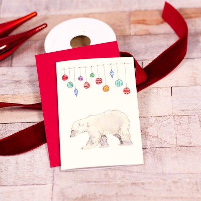 Mini Polar Bear and baubles Christmas card