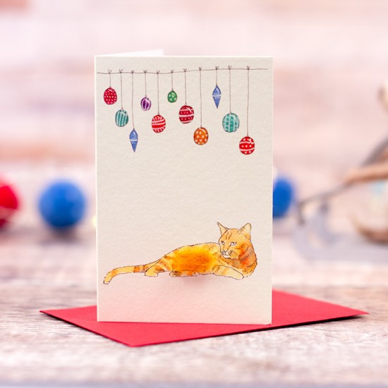 Mini ginger Cat and baubles Christmas card