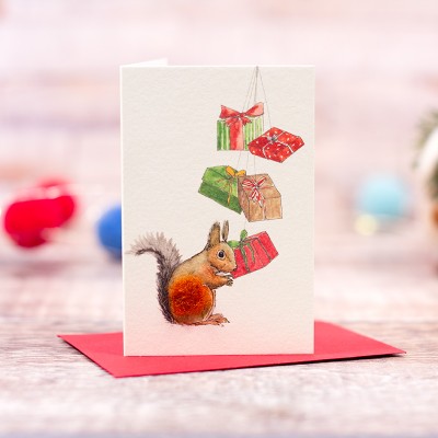 Mini Squirrel and presents Christmas card