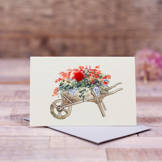 Mini Wheelbarrow of flowers card
