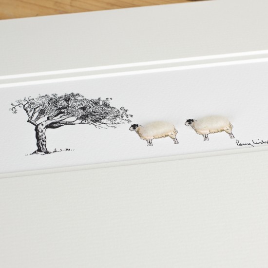 Sheep and windswept tree print