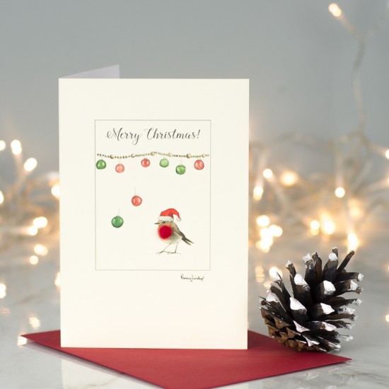 Robin with hat under baubles Christmas Card