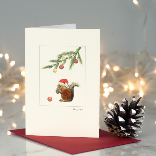 Squirrel with hat under pine sprig Christmas card
