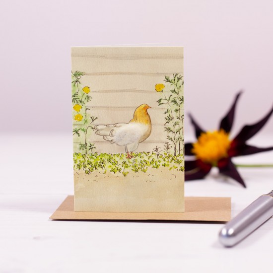 Mini Chicken in the flower border card