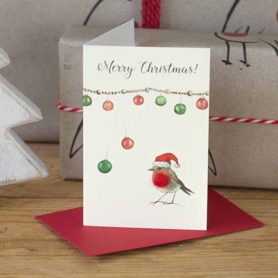 Mini Robin and baubles card